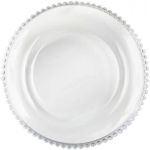 Clear glass beaded charger plate with smooth center and raised beaded rim, classic transparent charger for elegant weddings and events