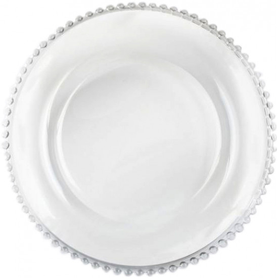 Clear glass beaded charger plate with smooth center and raised beaded rim, classic transparent charger for elegant weddings and events