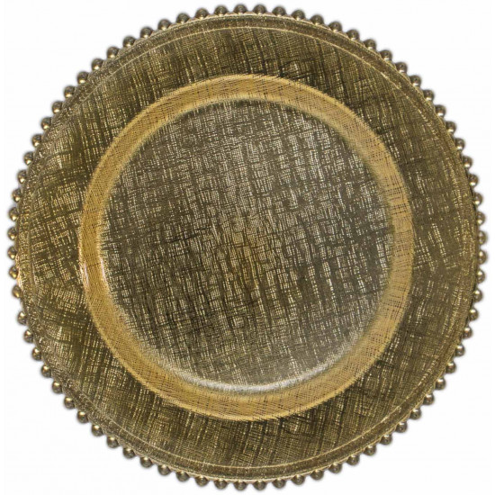 Gold glass plus beaded charger plate with textured surface and raised beaded rim, luxury charger for upscale weddings and gala tables