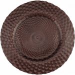 Brown luxe charger plate with raised honeycomb texture and glossy finish, warm-toned glass charger for rustic weddings and event tables