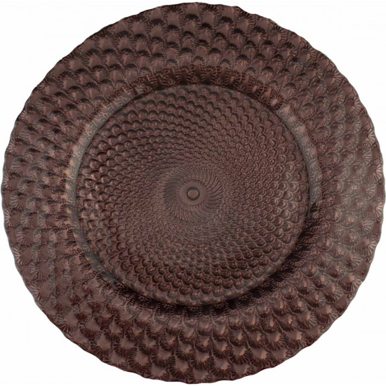 Brown luxe charger plate with raised honeycomb texture and glossy finish, warm-toned glass charger for rustic weddings and event tables