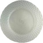 Silver shiny luxe charger plate with raised honeycomb texture and reflective metallic glass finish, glamorous charger for event table décor
