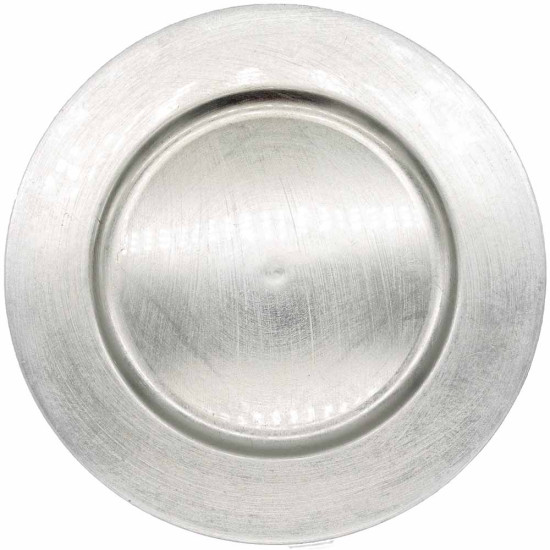 Solid silver charger plate with smooth metallic finish and slightly raised rim, classic charger for weddings, banquets, and formal events
