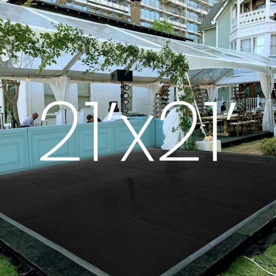Black vinyl snap-lock dance floor on patio with 21x21 size overlay text, modular 3x3 panels for weddings, parties, and event dancing.