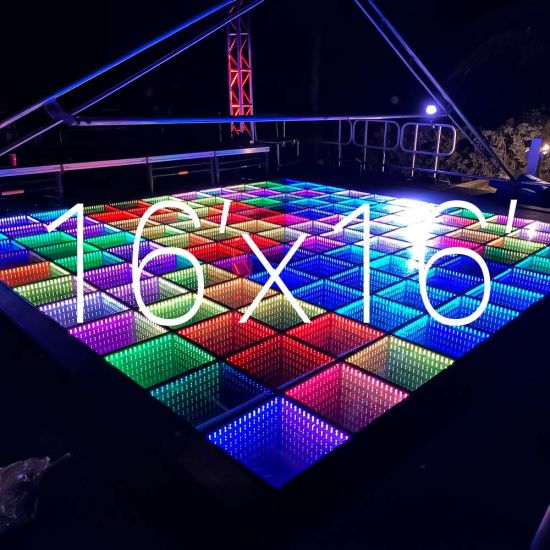 Mirror LED glass dance floor with multicolor light-up squares, 16x16 size overlay text, 2x2 panels for parties and events up to 75 guests.