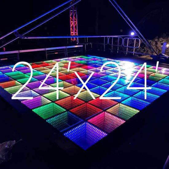 Mirror LED glass dance floor with colorful illuminated grid at night, 24x24 size overlay text, 2x2 panels for events up to 190 guests.