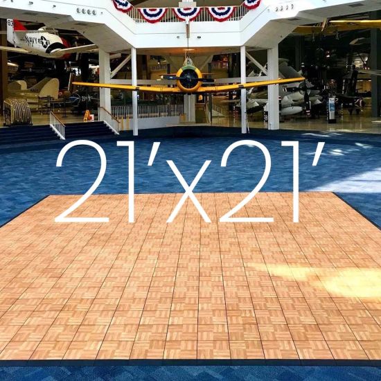 Parquet snap-lock dance floor with wood-style square pattern, 21x21 size overlay text, modular 3x3 panels for weddings and large events.