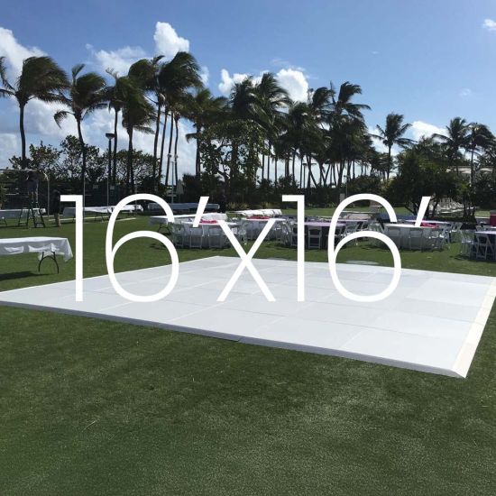 White outdoor dance floor on lawn with 16x16 size overlay text, modular 4x4 panel dance floor for parties and events up to 75 guests.