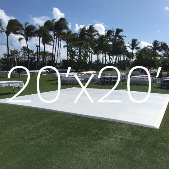 White outdoor dance floor on grass with 20x20 size overlay text, modular 4x4 panels for weddings, parties, and events up to 130 guests.