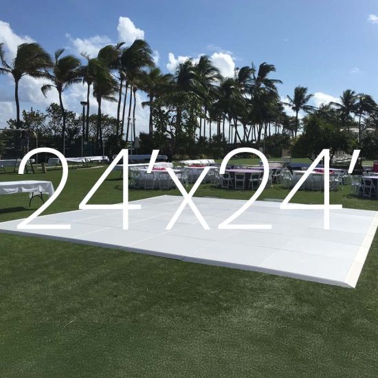 White outdoor dance floor on lawn with 24x24 size overlay text, modular 4x4 panel dance floor for parties and events up to 190 guests.