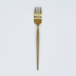 Sleek gold dinner fork with modern straight handle, elegant flatware option for weddings, banquets, and upscale event table settings.