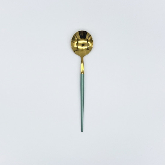 Gold dinner spoon with light green handle, stylish flatware for catered events, weddings, and polished tablescapes.