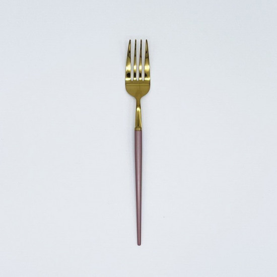 Gold dinner fork with rose gold handle, modern flatware for weddings, receptions, and upscale event table settings.