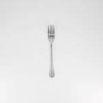 Silver dessert fork with modern rounded handle, chic disposable flatware set of 10 for cakes, dessert bars, and wedding receptions.