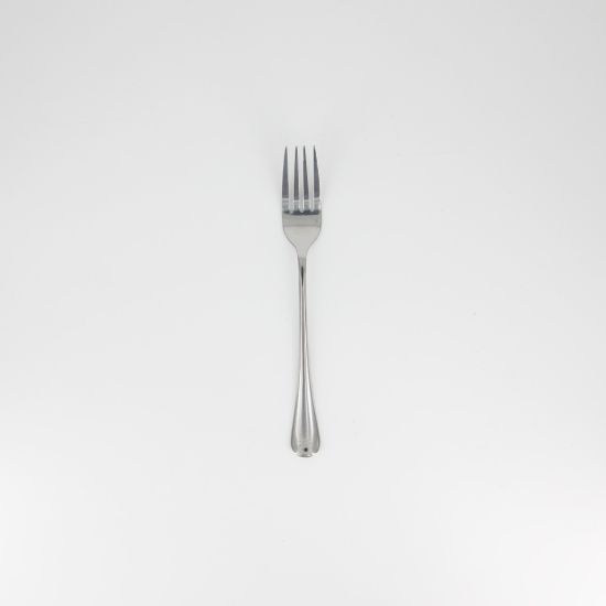 Silver dessert fork with modern rounded handle, chic disposable flatware set of 10 for cakes, dessert bars, and wedding receptions.