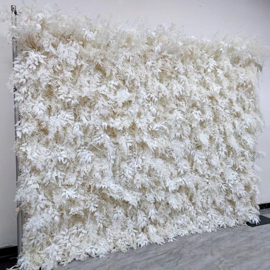 White foliage wall backdrop with layered leaf texture, elegant neutral photo backdrop panel for weddings and upscale event staging.