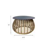 Spade round coffee table with black top and woven beige synthetic-rope base, 18″ H × 27.5″ D event lounge piece