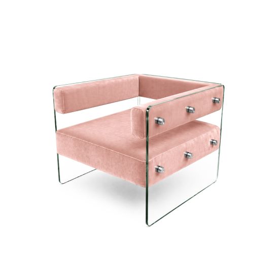 Crystal armchair with Light Pink velvet cushions and clear acrylic side panels with metal bolts, modern luxury lounge seating for events and weddings.
