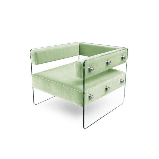 Crystal armchair with Mint velvet cushions and clear acrylic side panels with metal bolts, modern luxury lounge seating for events and weddings.