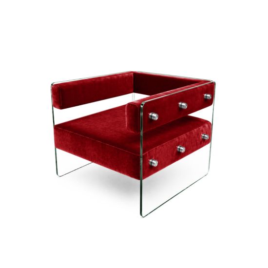 Crystal armchair with Red velvet cushions and clear acrylic side panels with metal bolts, modern luxury lounge seating for events and weddings.