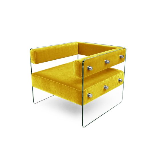 Crystal armchair with yellow velvet cushions and clear acrylic side panels with metal bolts, modern luxury lounge seating for events and weddings.