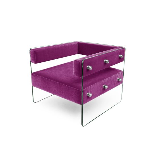Crystal armchair with Magenta velvet cushions and clear acrylic side panels with metal bolts, modern luxury lounge seating for events and weddings.