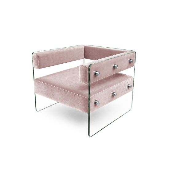 Crystal armchair with Rose Gold velvet cushions and clear acrylic side panels with metal bolts, modern luxury lounge seating for events and weddings.