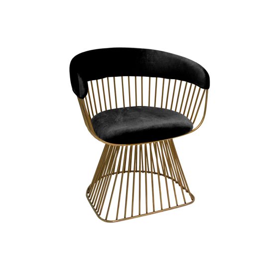 Art Deco Reflection accent chair with black velvet seat and curved back, gold metal wire frame, luxury lounge seating for weddings and events.