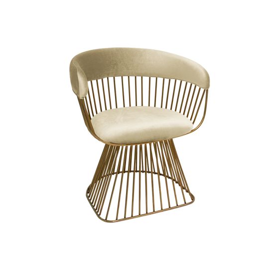 Art Deco Reflection accent chair with Ivory velvet seat and curved back, gold metal wire frame, luxury lounge seating for weddings and events.