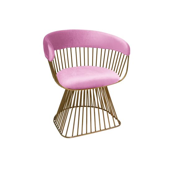 Art Deco Reflection accent chair with Light Pink velvet seat and curved back, gold metal wire frame, luxury lounge seating for weddings and events.