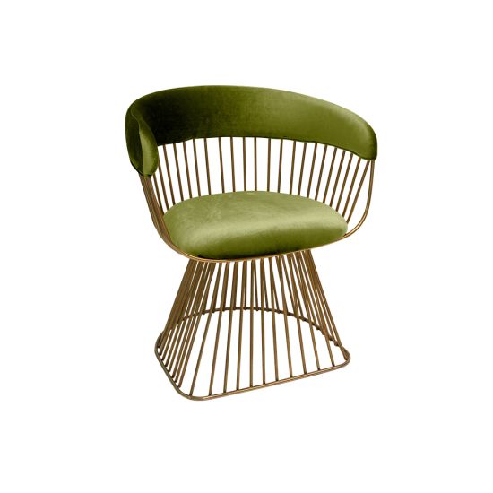 Art Deco Reflection accent chair with Moss velvet seat and curved back, gold metal wire frame, luxury lounge seating for weddings and events.