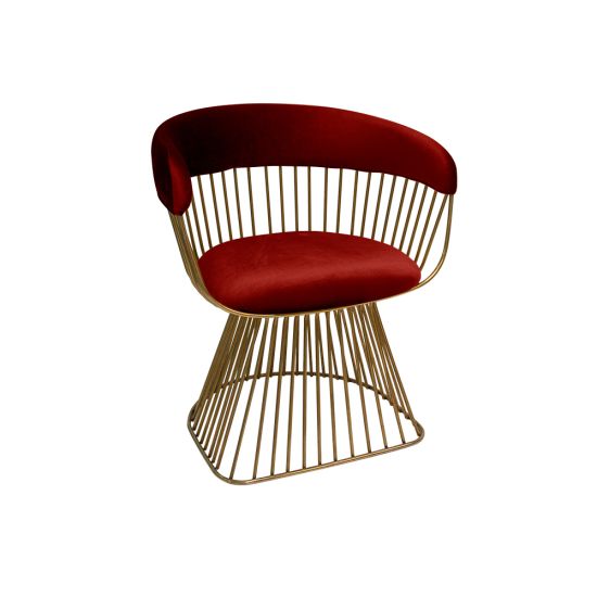 Art Deco Reflection accent chair with Red velvet seat and curved back, gold metal wire frame, luxury lounge seating for weddings and events.