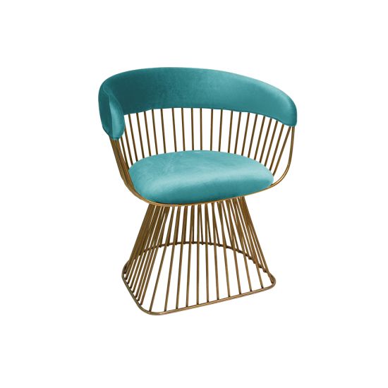 Art Deco Reflection accent chair with tiffany blue velvet seat and curved back, gold metal wire frame, luxury lounge seating for weddings and events.