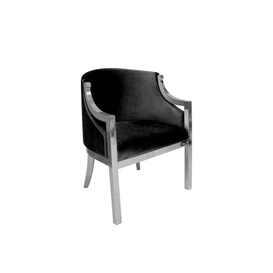 Reflection Boss accent chair with black velvet upholstery and silver metal frame, modern luxury lounge seating for weddings, VIP events, and lounges.