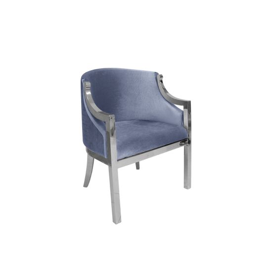 Reflection Boss accent chair with dusty blue velvet upholstery and silver metal frame, modern luxury lounge seating for weddings, VIP events, and lounges.