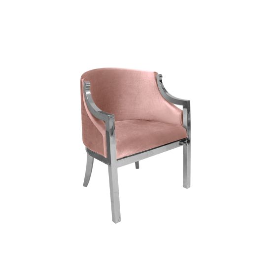 Reflection Boss accent chair with rose gold velvet upholstery and silver metal frame, modern luxury lounge seating for weddings, VIP events, and lounges.