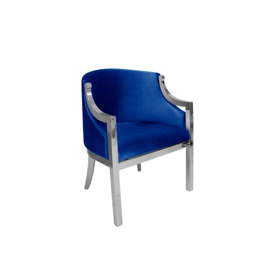 Reflection Boss accent chair with royal blue velvet upholstery and silver metal frame, modern luxury lounge seating for weddings, VIP events, and lounges.