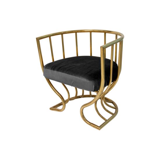 Tulip accent armchair with black velvet seat and sculptural gold metal frame, curved backrest and artistic base designed for luxury event lounge seating.