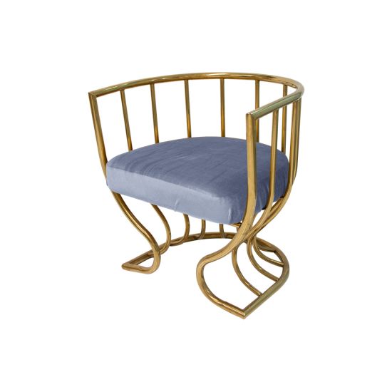 Tulip accent armchair with dusty blue velvet seat and sculptural gold metal frame, curved backrest and artistic base designed for luxury event lounge seating.