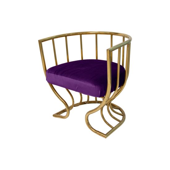 Tulip accent armchair with eggplant velvet seat and sculptural gold metal frame, curved backrest and artistic base designed for luxury event lounge seating.