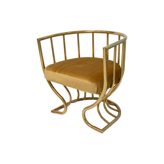 Tulip accent armchair with gold velvet seat and sculptural gold metal frame, curved backrest and artistic base designed for luxury event lounge seating.