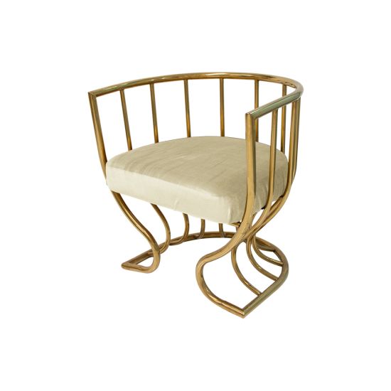 Tulip accent armchair with ivory velvet seat and sculptural gold metal frame, curved backrest and artistic base designed for luxury event lounge seating.