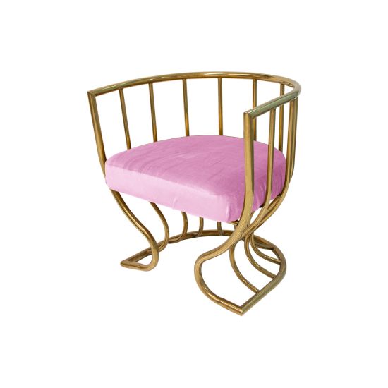 Tulip accent armchair with light pink velvet seat and sculptural gold metal frame, curved backrest and artistic base designed for luxury event lounge seating.