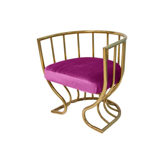 Tulip accent armchair with magenta velvet seat and sculptural gold metal frame, curved backrest and artistic base designed for luxury event lounge seating.
