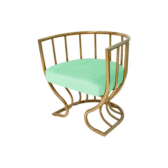 Tulip accent armchair with mint velvet seat and sculptural gold metal frame, curved backrest and artistic base designed for luxury event lounge seating.