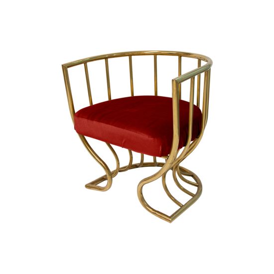 Tulip accent armchair with red velvet seat and sculptural gold metal frame, curved backrest and artistic base designed for luxury event lounge seating.