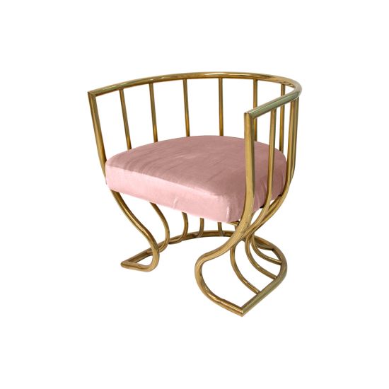 Tulip accent armchair with rose gold velvet seat and sculptural gold metal frame, curved backrest and artistic base designed for luxury event lounge seating.