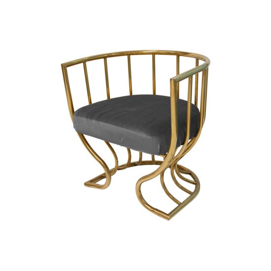 Tulip accent armchair with silver velvet seat and sculptural gold metal frame, curved backrest and artistic base designed for luxury event lounge seating.