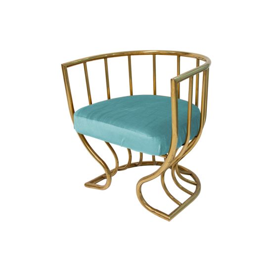 Tulip accent armchair with tiffany blue velvet seat and sculptural gold metal frame, curved backrest and artistic base designed for luxury event lounge seating.
