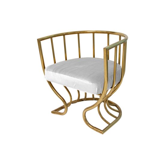 Tulip accent armchair with white velvet seat and sculptural gold metal frame, curved backrest and artistic base designed for luxury event lounge seating.